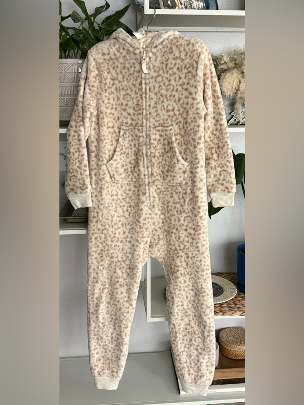 Cat & Jack Cream and Tan Leopard Fleece Hooded Kids One-Piece